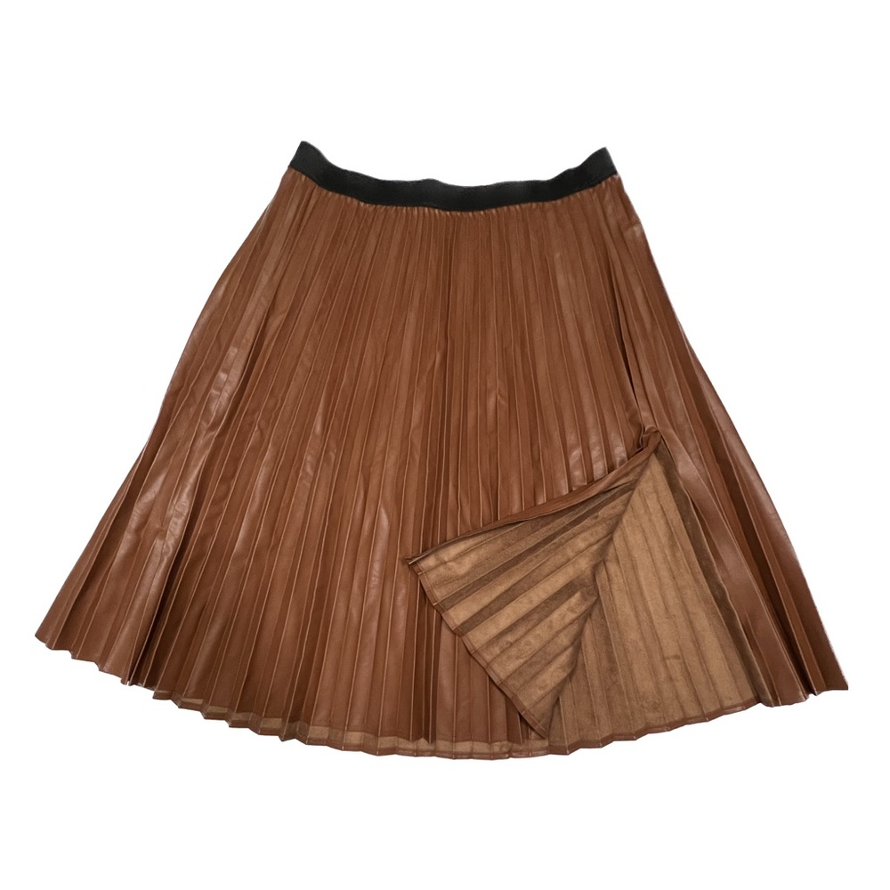 Ashley Stewart Cognac Pleated Faux Leather A-Line Skirt w/ Side Split